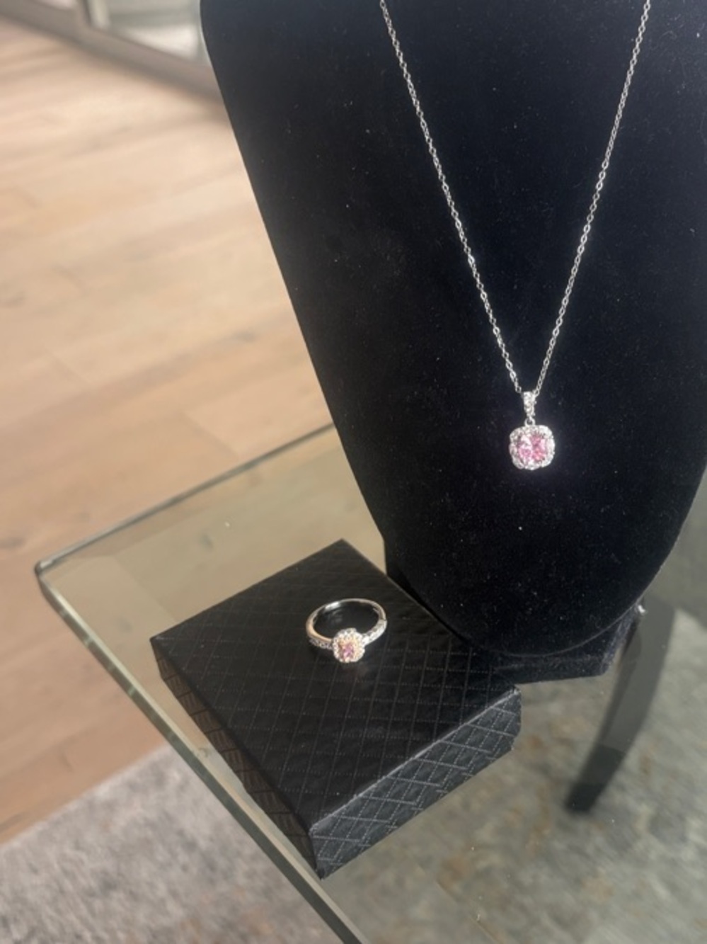 Silver Necklace and Ring Set with Pink Gemstone Pendant